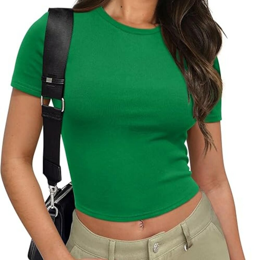SAMPEEL Short Sleeve Crop Top – Green, Women’s Size Small US 4–6